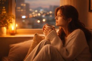 窓辺で考える女性