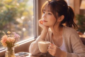 窓辺でコーヒーを楽しむ女性