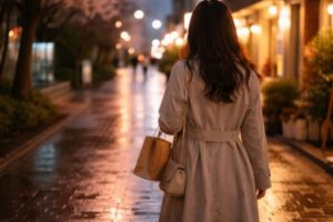 夜の道を歩く女性
